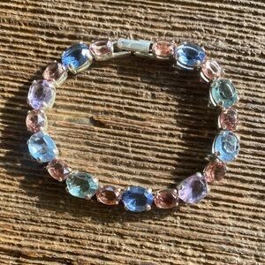 Vintage Monet Silver Tone Jeweled Tennis Bracelet Multi Color Rhinestones formal